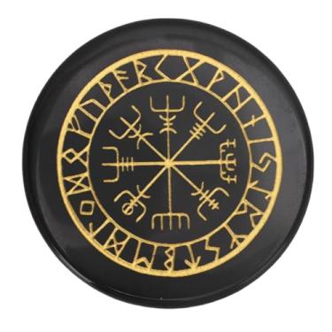 Imagem de Tnfeeon Pedras de Cristais, Pedra Runa Padrão Dourado Gravada Polida Redonda Cristal Natural Portátil de Preocupação para Viagens Em Casa Escritório Meditação (Obsidiana)