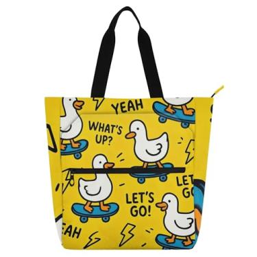Imagem de Linda sacola feminina amarela de patos brancos para trabalho, lona, praia, escola, bolsas infantis, fofas, para amantes de livros, presentes