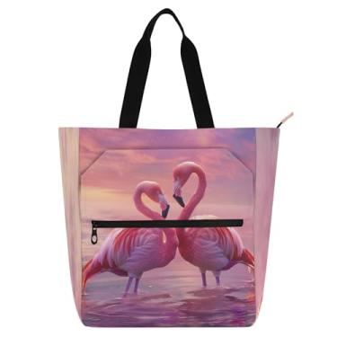 Imagem de GAIGEO Bolsa feminina de trabalho com flamingos rosa Lovebirds de lona com zíper bolsa de praia feminina infantil para amantes de livros
