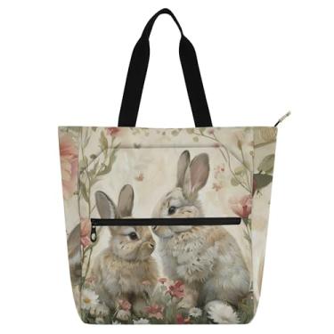 Imagem de GAIGEO Bolsa feminina Spring Bunnies Easter Rabbit para trabalho, lona, praia, livros, zíper, bolsa média, com compartimentos