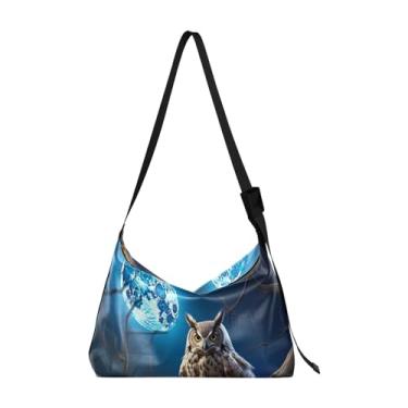 Imagem de Bolsa de ombro branca com folhas tropicais, bolsa tiracolo masculina de couro, alça grossa, Coruja sentada no galho com lua cheia - 1, One Size
