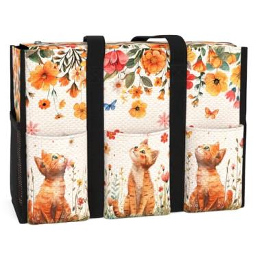 Imagem de Bolsa feminina com vários bolsos. Bolsa impermeável com vários bolsos convenientes e zíper. Presente para amantes de gatos., Gato e flor, Large
