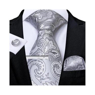 Imagem de Gravata Masculina Social Listrada Lisa De 8cm Com Abotoaduras E Lenço 