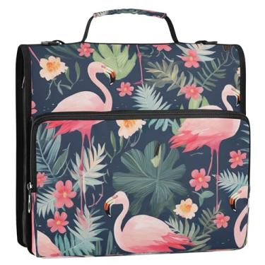 Imagem de Fichário escolar flamingo rosa com 3 anéis com zíper e alça de ombro ajustável