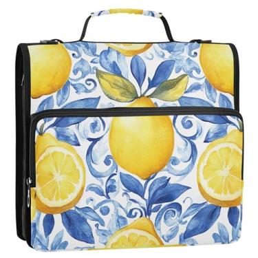 Imagem de Fichários com estampa floral azul limão de 3,8 cm, 3 anéis, resistente, com zíper, bolsa organizadora com alça para portfólio escolar e suporte de pasta de anel