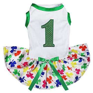 Imagem de Petitebella Vestido de cachorro Green Lantejoulas 1st Puppy (branco/trevos arco-íris, GG)