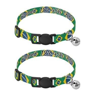 Imagem de Pacote com 2 tiras personalizadas para pescoço de cachorro verde bandeira brasileira com nome e número de telefone, faixa de pescoço fina para filhotes com fivela, serve para pescoço de 27 a 43 cm