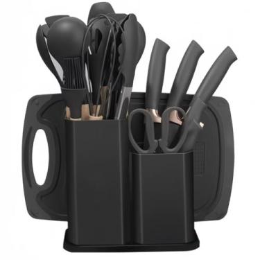 Imagem de Kit Jogo Utensílios De Cozinha 19 Peças Com Tábua Em Silicone (Preto)