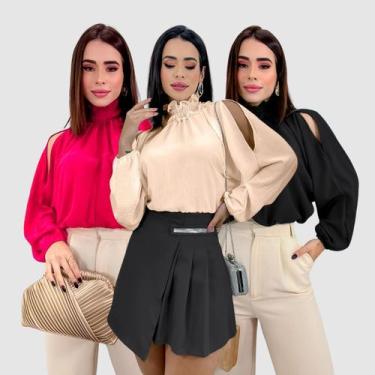 Imagem de Kit 3 Blusa Feminina Social Chique Manga Bufante Com Vazado - Swiss Bo