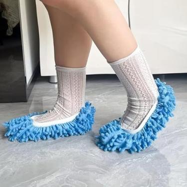 Imagem de 1 par de esfregões laváveis reutilizáveis para limpeza de chão com almofadas de chenille destacáveis, sapatos antiderrapantes para esfregão doméstico