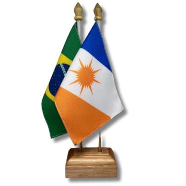 Imagem de Bandeira de Mesa Elegance Brasil e Tocantins, Dupla Face, 19x13cm, Base Madeira 30cm Altura, Oxford, Decorativa, Escritório e Eventos