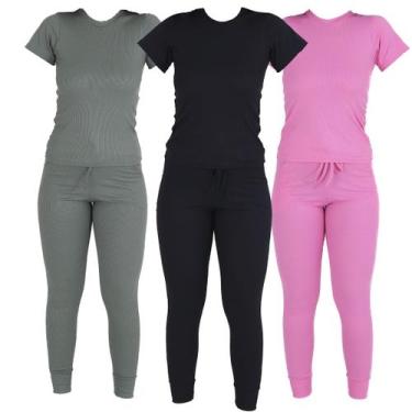 Imagem de Kit 3 Conjutos Ribana Blusa Manga Curta Calça com Bolsos - Click Mais 