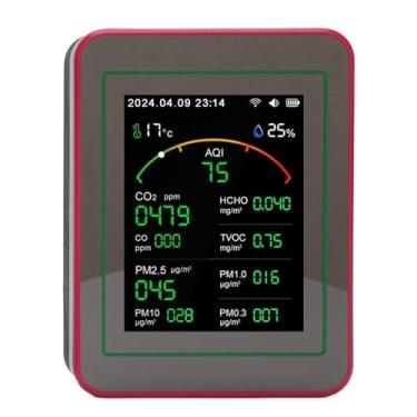 Imagem de Jiawu Medidor de Qualidade do Ar Interno Monitor de Alta Sensibilidade CO2 TVOC HCHO PM2.5 Detector de Umidade e Temperatura para Melhorar a Qualidade do Ar No Trabalho (Preto e Vermelho)