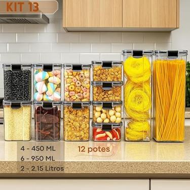 Imagem de Kit Pote Hermético Organizador de Mantimentos e Temperos para Cozinha, Armário e Geladeira Slim Transparente com Tampa Vedada (KIT 13-12 POTES SLIM)