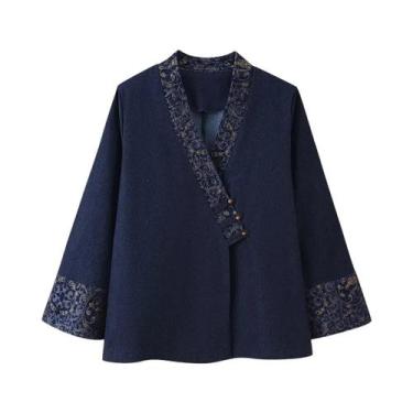 Imagem de Blazer Estilo Kimono Com Efeito Jeans Jacquard Para Mulheres, Decote E