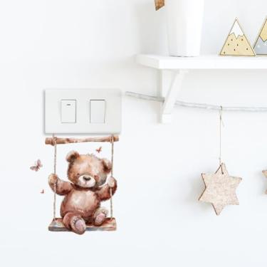 Imagem de Adesivo de interruptor de luz de urso brincando em um balanço adesivo de parede, capa de interruptor de luz de urso marrom película descascar e colar DIY silhueta casa escritório sala de aula