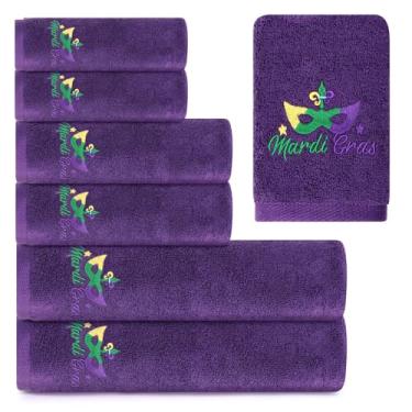 Imagem de Peryiter Pacote com 6 toalhas de banho de algodão Mardi Gras toalhas de máscara de carnaval roxas para banheiro, macias e absorventes, contém 2 panos de banho, 2 panos de mão e 2 toalhas de banho