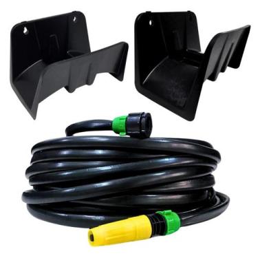 Imagem de Mangueira Preta 10m Resistente + Suporte Parede Plástico Reforçado - U