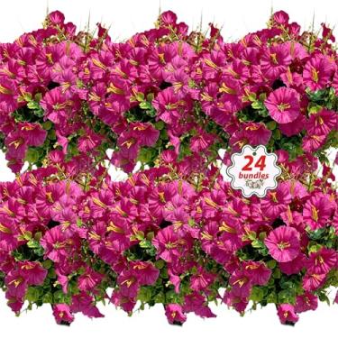Imagem de Flores artificiais para decoração de primavera e verão, 24 pacotes de plantas de plástico falso, eucalipto de seda sintética resistente a UV para jardim, varanda, pátio, porta da frente, fúcsia