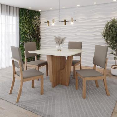 Imagem de Conjunto Sala Jantar Mesa Vértice 90cm Canto Reto com Vidro 4 Cadeiras Milla Marrom/Off White/Marrom/Amêndoa
