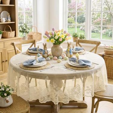 Imagem de Horaldaily Toalha de mesa redonda de renda de Páscoa, 152 cm x 152 cm, bordada, flor, coelho, ovos, ovos, decoração de Páscoa, para festa em casa, ao ar livre