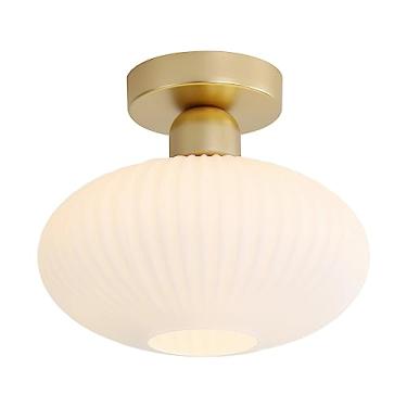 Imagem de Luminária de teto semi-embutida estilo lanterna de meados do século XX para banheiro, moderna luminária de teto LED embutida em metal com cúpula grande de vidro branco leitoso para sala de e