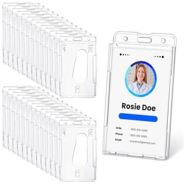 Imagem de 25 porta-crachás verticais de plástico rígido, suporte de crachá de plástico rígido para 2 cartões, capa protetora transparente resistente com compartimento para polegar para cartões de crédito