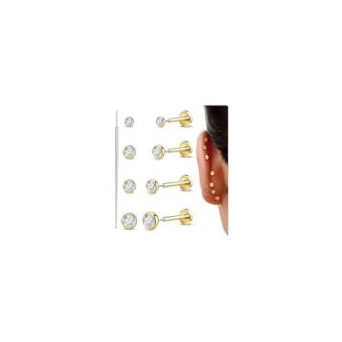 Imagem de GEMQUEEN G23 Brincos de titânio com costas planas hipoalergênicos: brinco sem fio banhado a ouro 14 k 16 g 18 g 20 g cartilagem hélice tragus concha piercing joias pequenos nariz lábio labret tachas