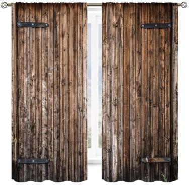 Imagem de TYVGICZ Cortinas de cozinha de madeira rústica, vintage, porta de celeiro, quinta, café, decoração de impressão de madeira velha, decoração para sala de jantar, sala de estar, bolso de varão, cortinas