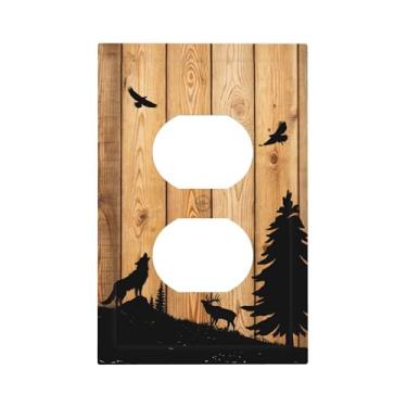 Imagem de Receptáculo duplex retrô rústico lobo floresta floresta marrom 1 gangue placa de parede decorativa interruptor de luz placas de tomada placa frontal para decoração de casa 12,7 cm x 7,6 cm