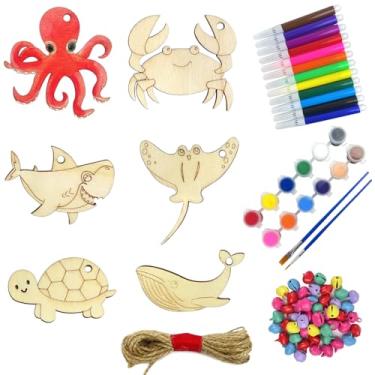 Imagem de Ornamentos de madeira de animais marinhos para pintar, 48 peças/6 estilos, recortes de madeira inacabados com sinos, canetas coloridas, conjunto de tintas coloridas - artesanato sob o mar para