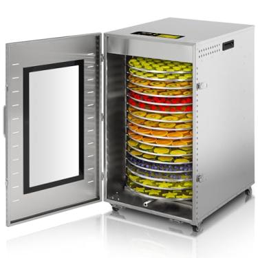 Imagem de Cercker Máquina de desidratação de alimentos comercial rotativa 16 bandejas, desidratador comercial de grande capacidade, secador industrial de aço inoxidável 1500W, secador de carne de 87.8 °C para