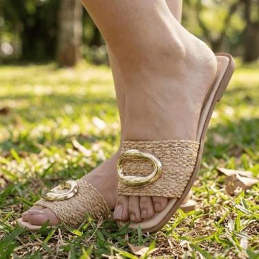 Imagem de Sandália Feminina Rasteira Ráfia Enfeite Confortável Cor:Off WhiteTama