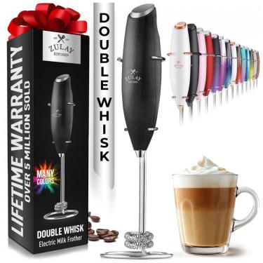 Imagem de Espumador Elétrico de Leite em a Bateria com Suporte, ZULAY KITCHEN Twin Whisk 12,500 RPM, Preto