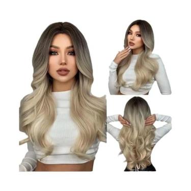 Imagem de Peruca Sintética Loira Ombré Ondulada Longa Com Raízes Escuras E Repar