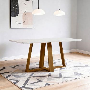 Imagem de Mesa de Jantar 6 Lugares Retangular 160cm Tampo MDF Com Vidro Elian N01 Ypê Off White -...