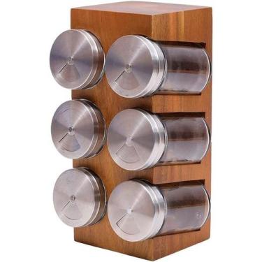 Imagem de Porta Condimentos 6 Potes Temperos Acácia Wood - Mimo Style