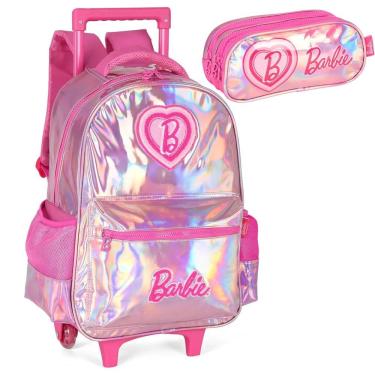 Imagem de Kit Mochila Rodinhas Estojo Escolar Infantil Barbie Rosa Holográfica com Alça e Bolsos Laterais Luxcel