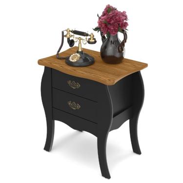Imagem de Mesa de Cabeceira Premier 2 Gavetas Retrô Preta Acetinada e Cumaru