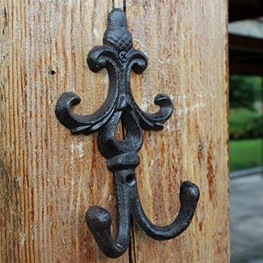 Imagem de GUIPAIHAI Gancho de parede de ferro fundido com 2 cabides estilo vintage para decoração de parede de jardim doméstico feito à mão rústico de metal pesado para chaves chapéus roupas (cor: preto antigo, tamanho: 9,9 x 4 x 17 cm)