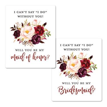 Imagem de Etiquetas de pedido de dama de honra florais elegantes | Will You Be My Bridesmaid Wine Labels | Etiquetas de caixa de presente de dama de honra e dama de honra | I Can't Say I Do Without You Maid of Honor Labels