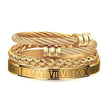 Imagem de WFYOU 3 peças de pulseiras de aço inoxidável para homens com numerais romanos dourados, bracelete ajustável para homens e joias de luxo Dourado
