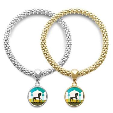 Imagem de Castelo Sonho Estilo Princesa Cavalo Azul Amarelo Pulseira Pingente Joia Corrente Presente Casal
