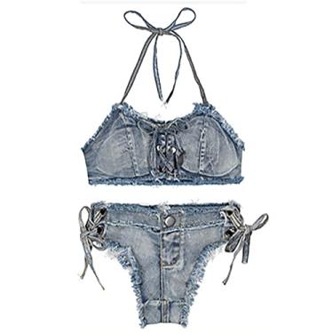 Imagem de Conjunto de jeans feminino calça quente 2 peças maiô de praia shorts boate roupa de banho para praia festa na piscina show de bar, azul 3, M (L 78cm)
