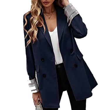 Imagem de Blazer feminino terno, blazer liso frente aberta colarinho virado para baixo trabalho escritório casaco esportivo para festa, azul, 2GG (busto: 113 cm)