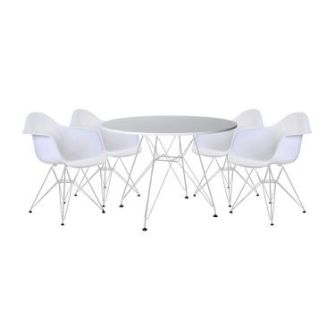 Imagem de Mesa de Jantar Eames Eiffel Redonda Branca 90cm com 4 Poltronas Brancas Ferro Branco