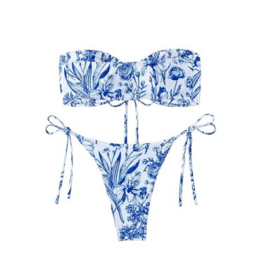 Imagem de Milumia Biquíni feminino bandeau de duas peças com cordão na frente, Floral azul, branco, P