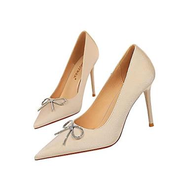 Imagem de Sapatos femininos de salto alto bico fino com laço vestido de festa noturna sapatos de casamento 9,5 cm stiletto bico fechado clássico slip on, Off-white, 7.5