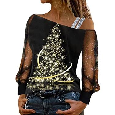 Imagem de Elogoog Blusa feminina de Natal com ombro vazado, camiseta solta alegre e brilhante com ombro de fora, suéter sexy com estampa de taça de vinho tinto, Amarelo, P