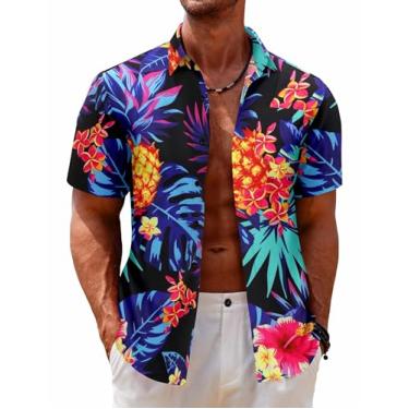 Imagem de COOFANDY Camisa masculina havaiana tropical manga curta casual abotoada floral verão praia camisas com bolso, Folha preta e flor, P